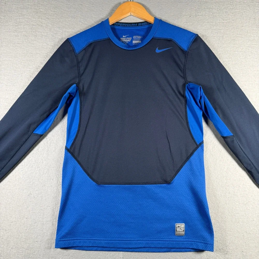 Nike Pro Combat Hyperwarm Shield Men Blue Navy Dri-Fit Training Top Small 635270